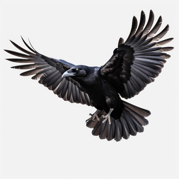 Flying black crow isolated