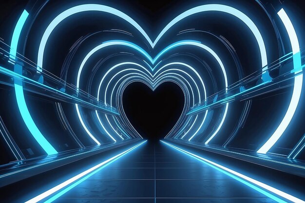 Flying in a blue futuristic neon heartshaped tunnel abstract corridor with fast moving light lines 3d illustration