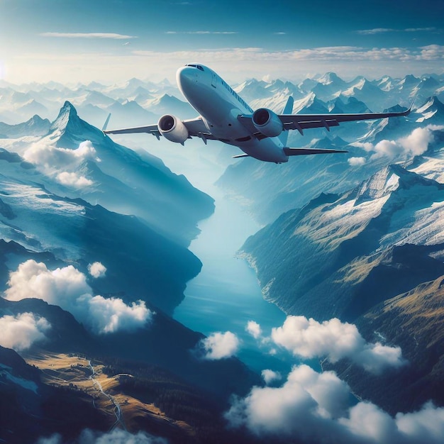 Photo a flying boeing over mountains