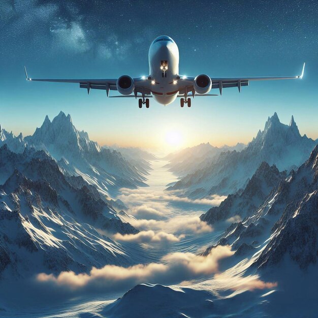 A flying boeing over mountains