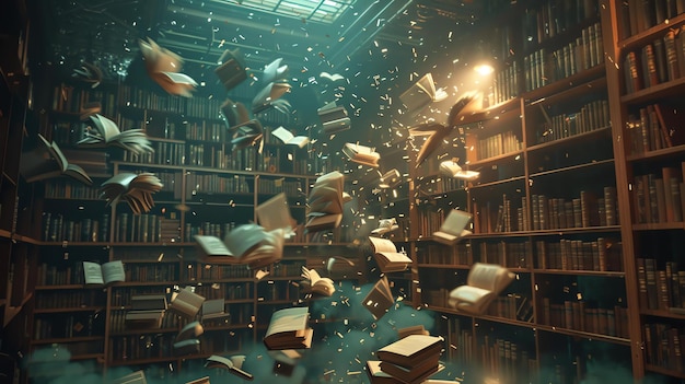 Photo flying books in a library the books are old and dusty and they are flying around in a chaotic fashion