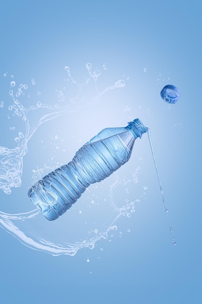 Flying bottle of mineral water with splash on blue background with copyspace and vertical format Pure water levitation concept