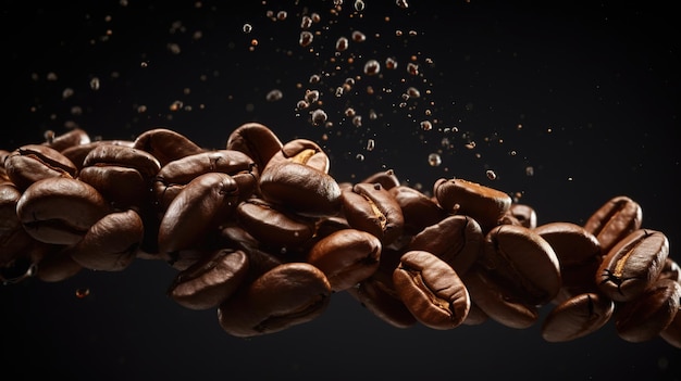 Flying brown coffee beans closeup background poster
