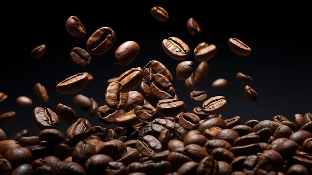 Flying brown coffee beans closeup background poster