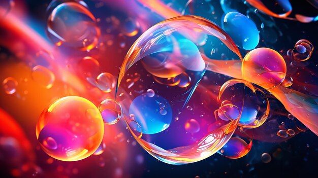 Flying bubbles against a multicolored backdrop. Generative Ai.