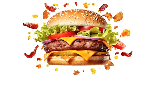 Flying burger isolated on white background Generative ai