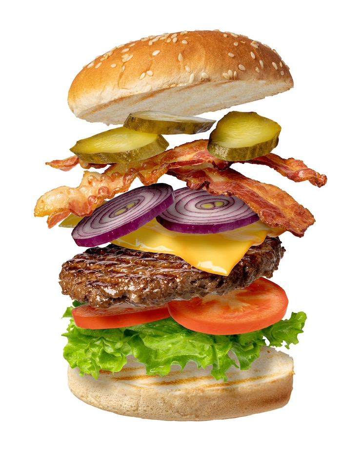 Photo flying burger on a white background