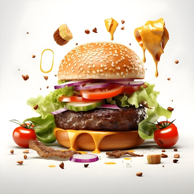 Photo flying burger with melted cheese and sauce splash isolated on a white background