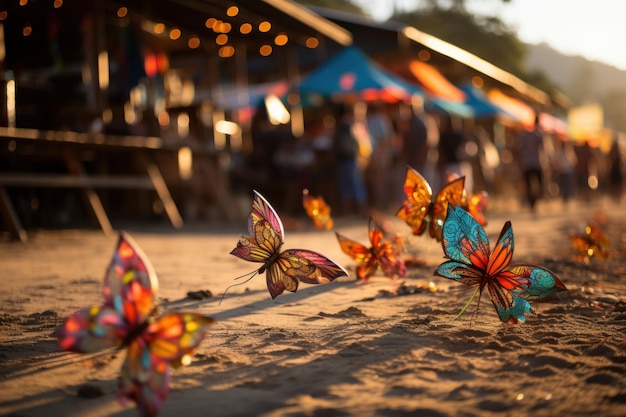 ビーチのカーニバルエリアで飛ぶ蝶 美しいボケエフェクトの背景