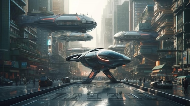 Flying car on a city background urban electric transport drone Generative AI