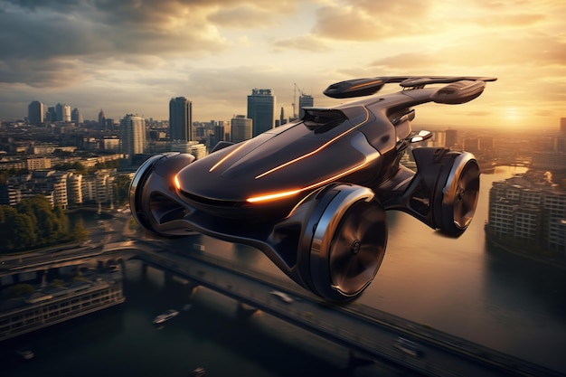 Flying car in the city