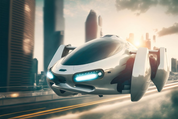 Flying car Fantasy city of the future Futuristic world Generative AI