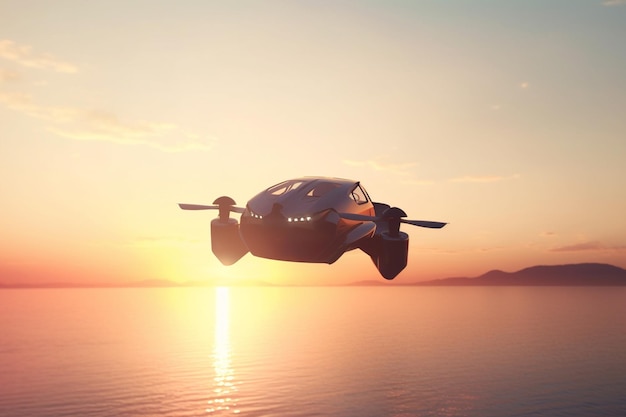 A flying car is flying over the water at sunset.