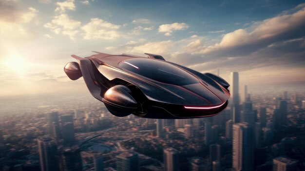 Photo flying car in the sky above the city