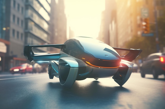 都市の空飛ぶ車未来的な AI 搭載のコンセプト図