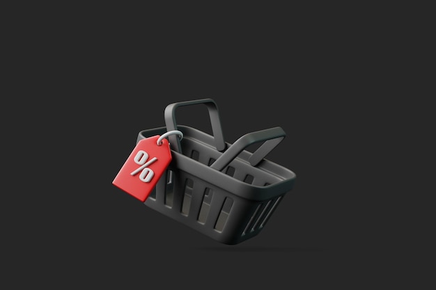 Фото Летающая мультяшная корзина для покупок и ценник со знаком процента на черном фоне 3d рендеринг