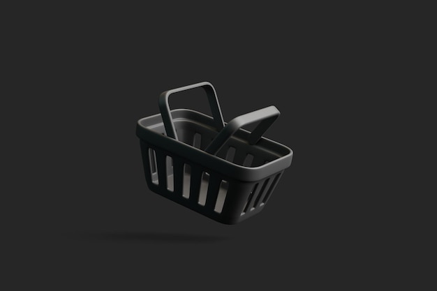 Flying cartoon shopping basket on black background Minimal style empty grocery shopping cart 3D