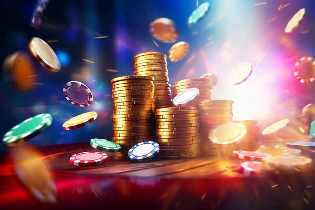 Flying casino chips in camera with rays of light on a colorful background