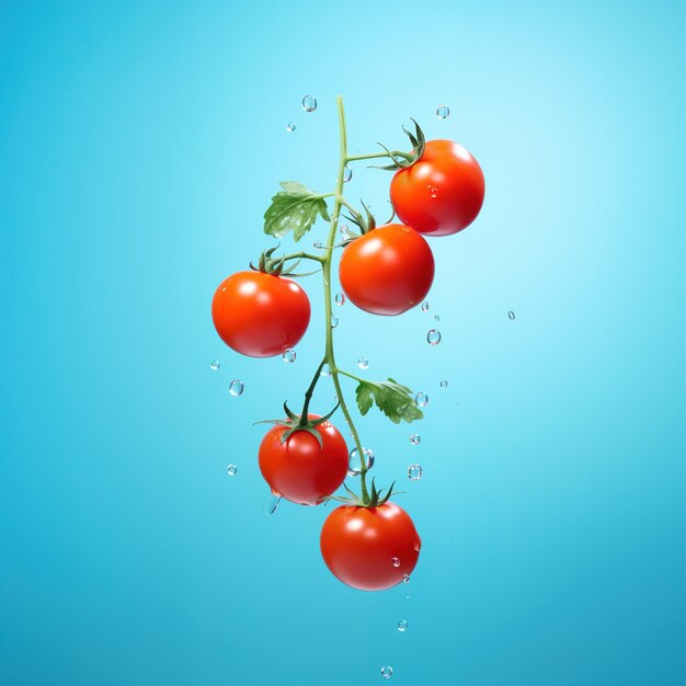 Flying cherry tomatoes branch with water drops