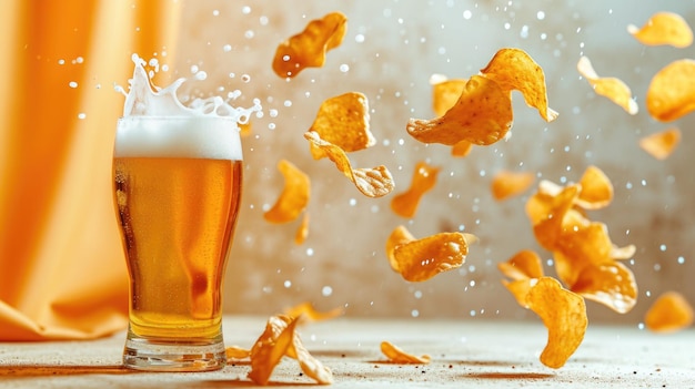 Photo flying chips over a glass of beer