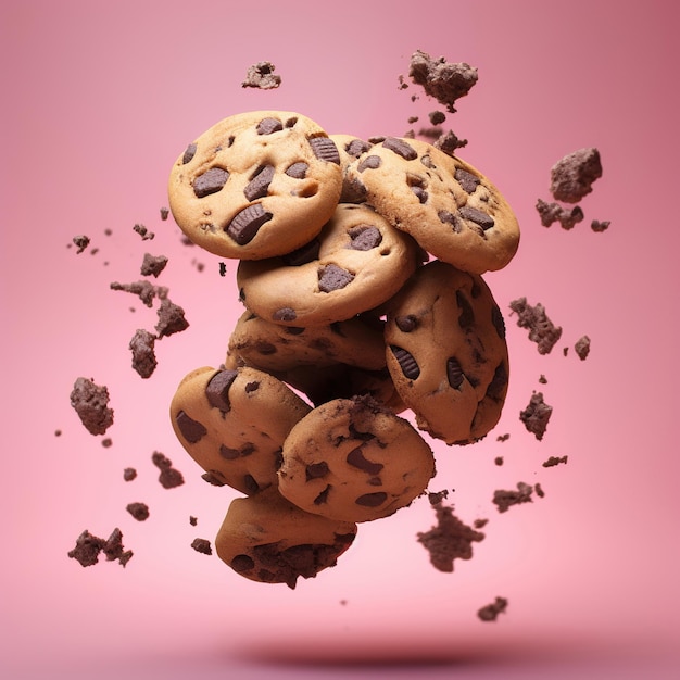 Foto cookie volanti al cioccolato nuvole rosa generativa ai