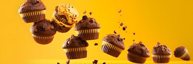 Flying chocolate muffins or cupcakes on yellow background neural network generated in may 2023