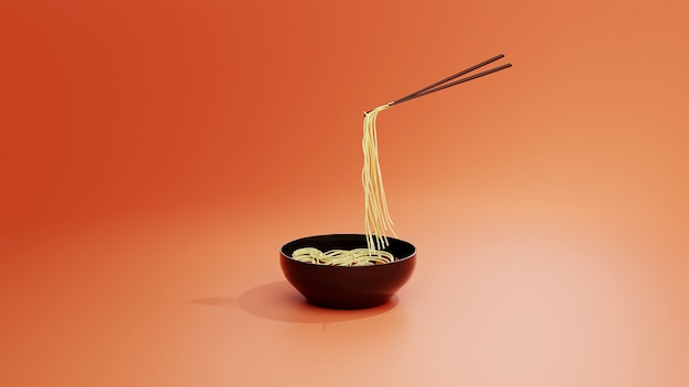 flying chopsticks with the noodle in red background in 3d render