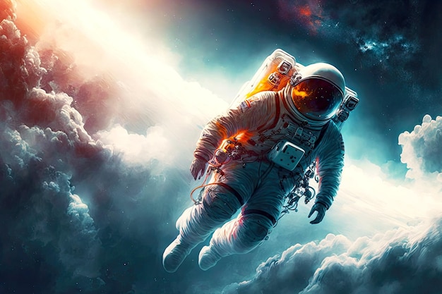Летающий среди облаков плывущий космонавт в космическом пространстве