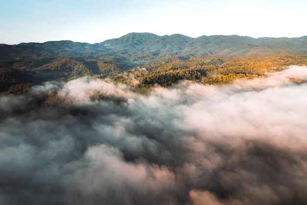 Flying above the clouds sunrise and fog,on the hill