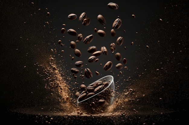 Flying coffee beans against a dark background