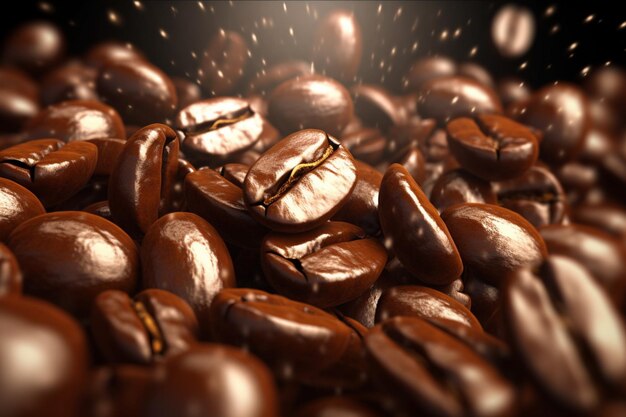 Flying coffee beans background Closeup brown coffee beans banner Closeup coffee grains background