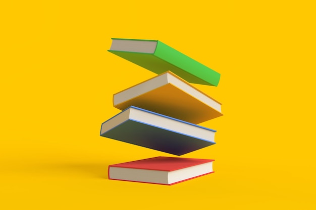 Flying color books on pastel yellow background Levitation Education concept 3D render illustration
