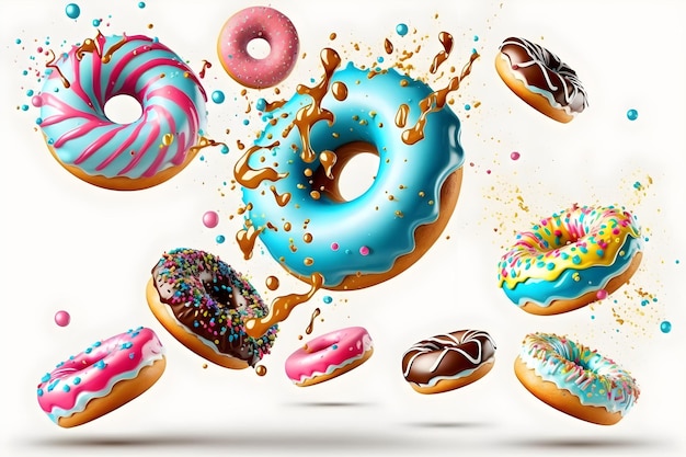 Flying colorful donuts on white background