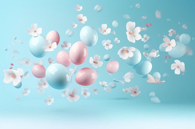 Flying colorful Easter eggs on blue background 3d Happy Easter concept or banner