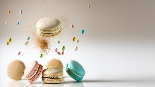 Flying colorful macaroons Food culinary and cooking concept levitation Generative AI