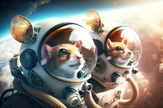 地球生成 ai の上の酸素マスクとヘルメットで宇宙飛行士マウスを飛んでください。