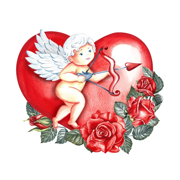 A flying cupid with a bow and arrow on the background of a red heart watercolor illustration