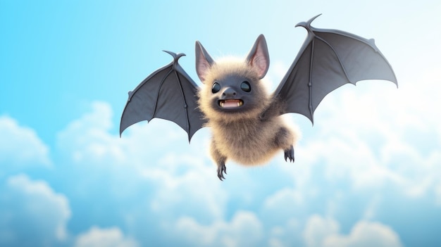 Flying cute bat character on blue sky background