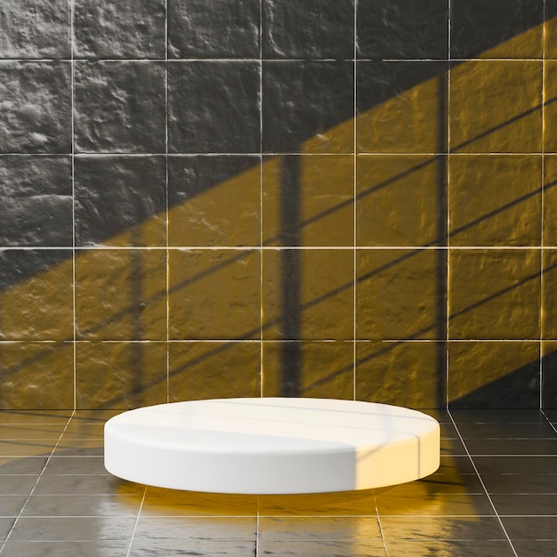 Flying cylinder stand against ceramic gray tile wall with yellow light to show cosmetic product 3d rendering