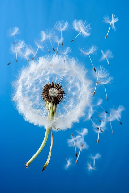 Flying dandelion seeds on a blue background