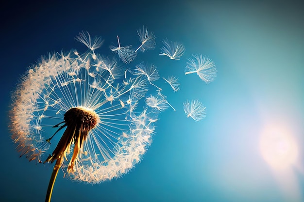 Flying Dandelion seeds in the morning sunlight blowing away in the wind across a blue sky