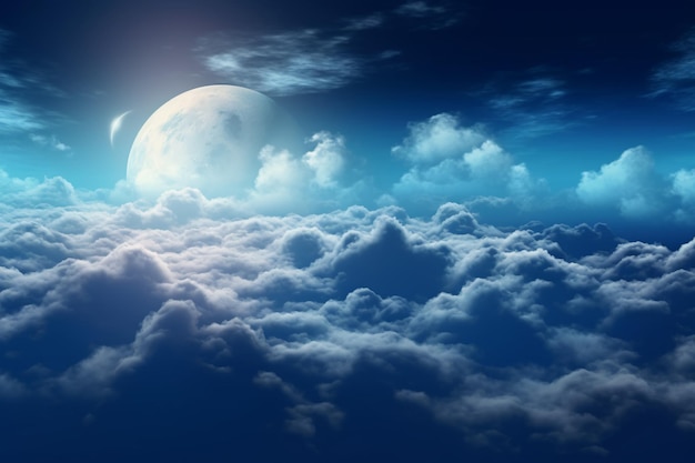 Photo flying over deep night clouds with moonlight