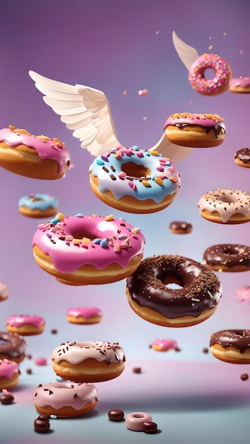 Flying delicious classic donuts sweet fast food concept in motion Generative AI