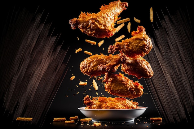 Flying delicious fried chicken wings or strips with french fries in slow motion