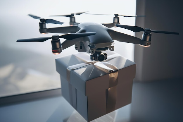 Flying delivery drone with packed box indoors closeup Modern delivery service for holiday shopping Generative AI