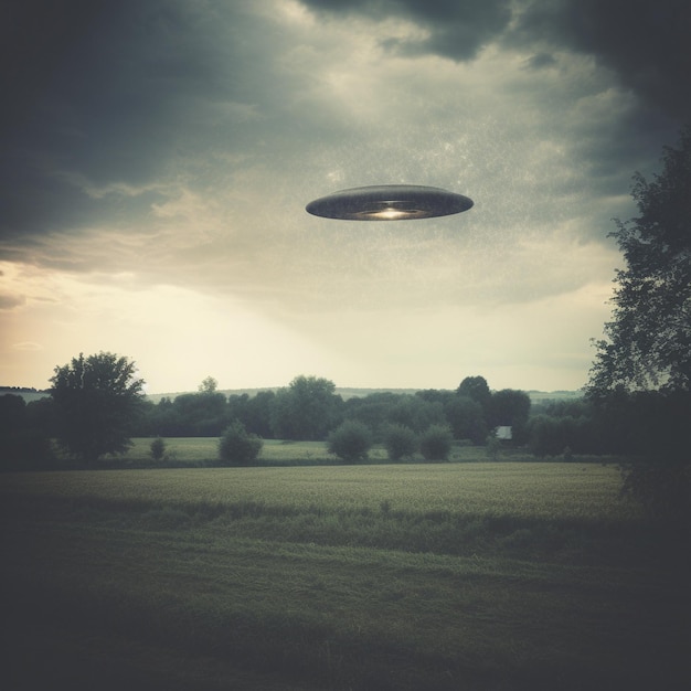 a flying disk in the sky above a field.