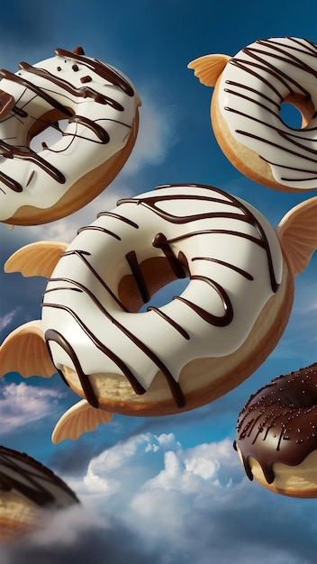 Foto flying donuts concept donuts con glassa di cioccolato bianco e cioccolata