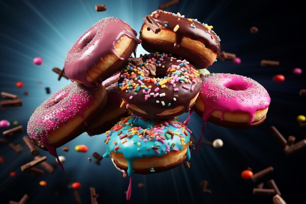 Flying donuts mix of multicolored doughnuts