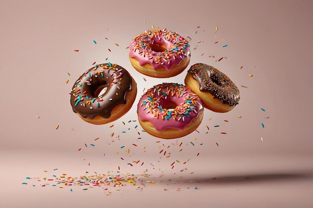 Flying donuts with sprinkles on pastel background 3d rendering