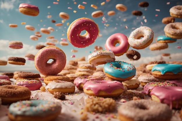 파란색 배경에 뿌려진 다양한 색상의 달콤한 도넛을 섞은 날아다니는 도넛 장면